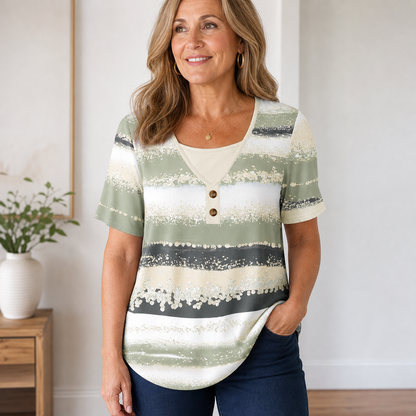 Women's Printed Stripe Short Sleeve Henley Top