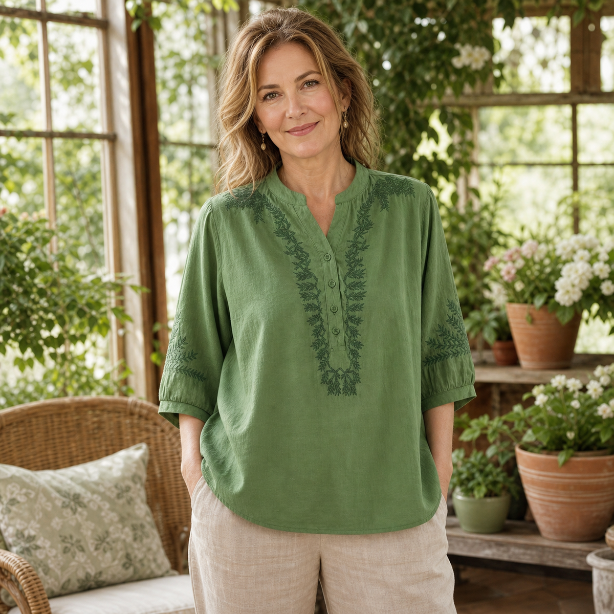 Women's Embroidered Linen-Look V-Neck Blouse