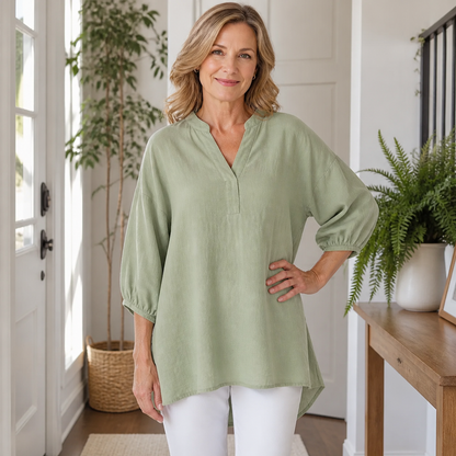 Women's Relaxed Linen-Blend V-Neck Tunic Blouse