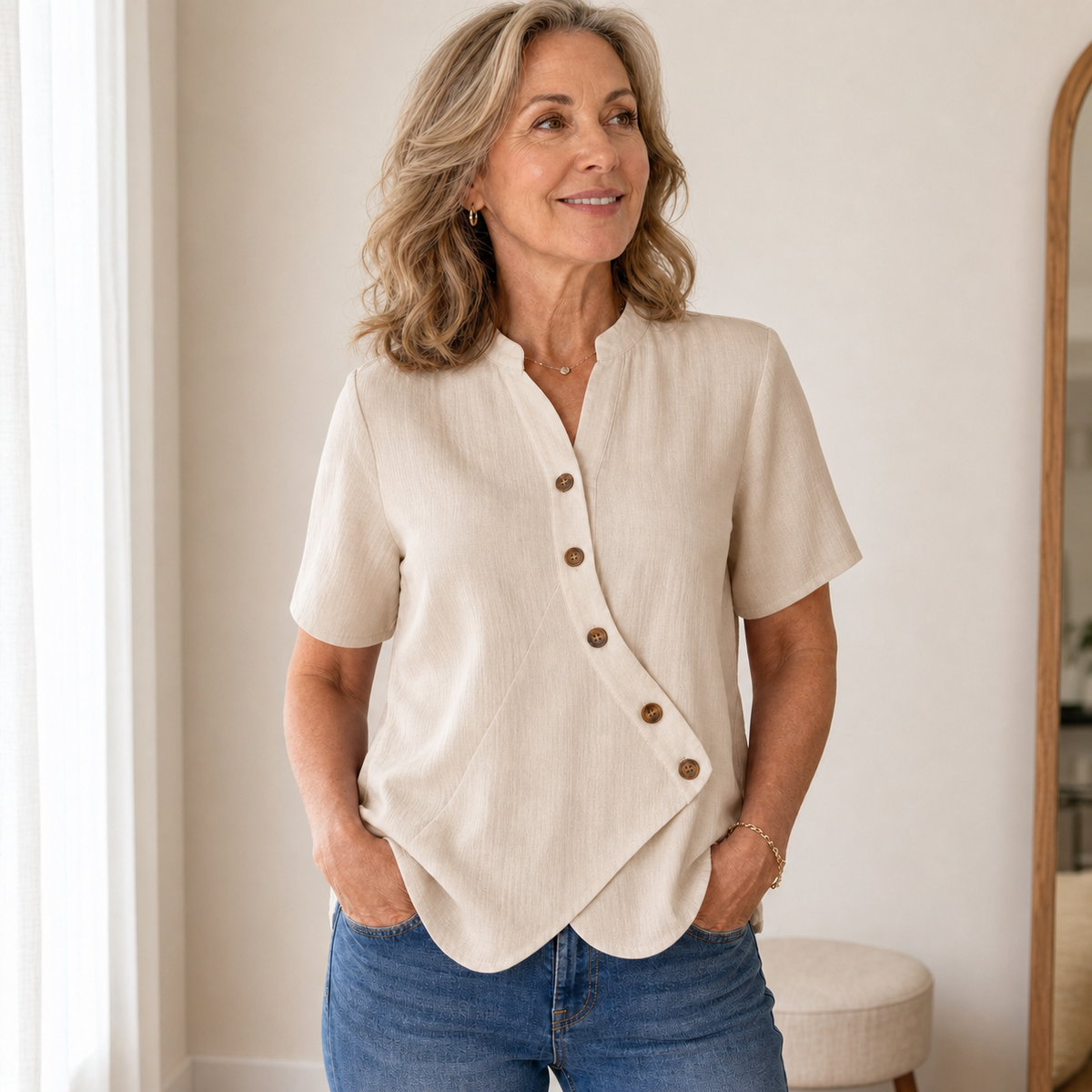 Women's Short Sleeve Asymmetrical Button Blouse