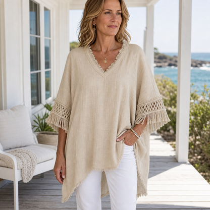 Women's Fringed Lace Sleeve V-Neck Tunic Top