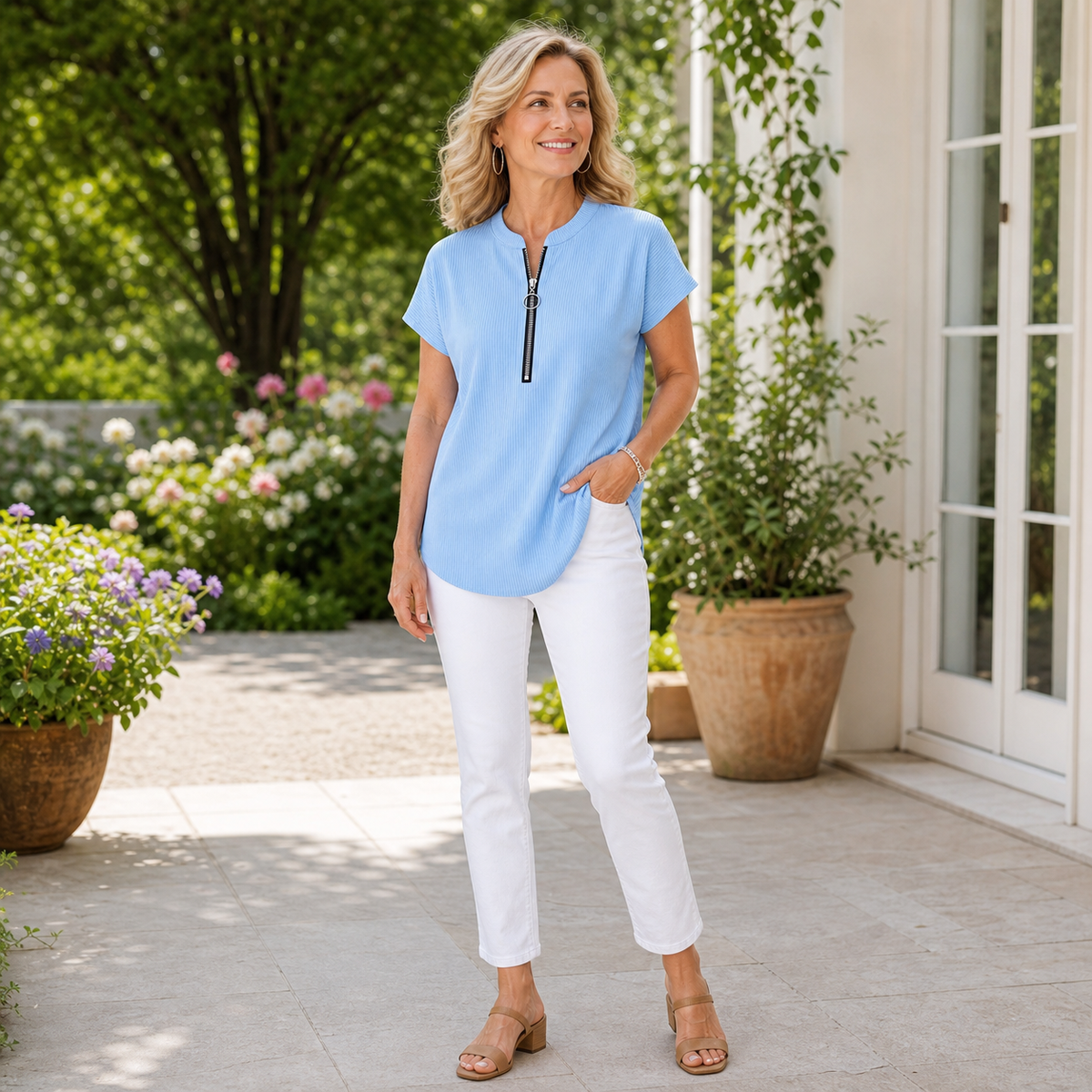 Women's Pleated Zip-Neck Short Sleeve Top