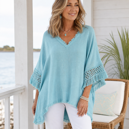 Women's Fringed Lace Sleeve V-Neck Tunic Top