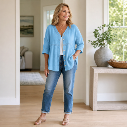 Women's Relaxed Embroidered Button-Front Cardigan Blouse