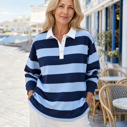 Women's Relaxed Striped Rugby Polo Long Sleeve Top