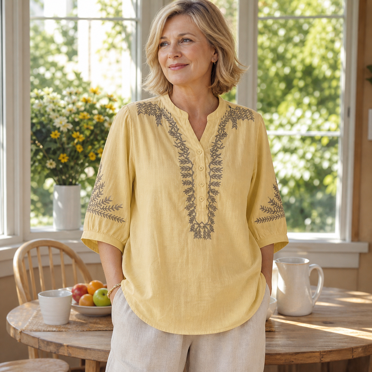 Women's Embroidered Linen-Look V-Neck Blouse