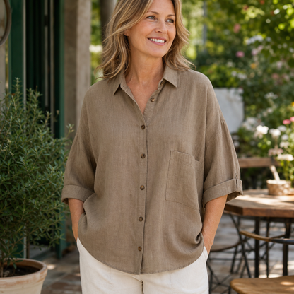 Women's Relaxed Button-Front Three-Quarter Sleeve Shirt Blouse