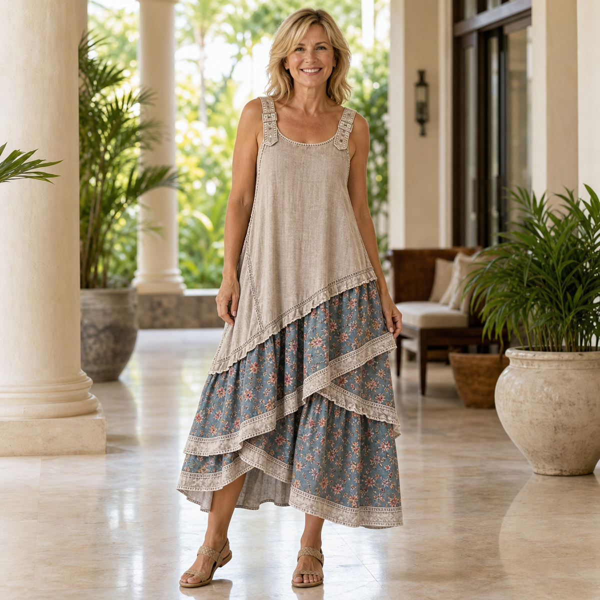 Women's Sleeveless Boho Patchwork Midi Dress