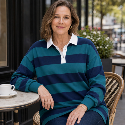 Women's Relaxed Striped Rugby Polo Long Sleeve Top