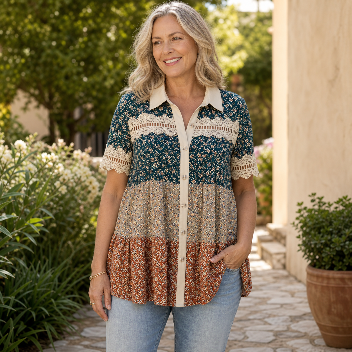 Women's Patchwork Lace Button-Front Blouse
