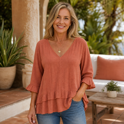 Women's Relaxed V-Neck Three-Quarter Sleeve Blouse