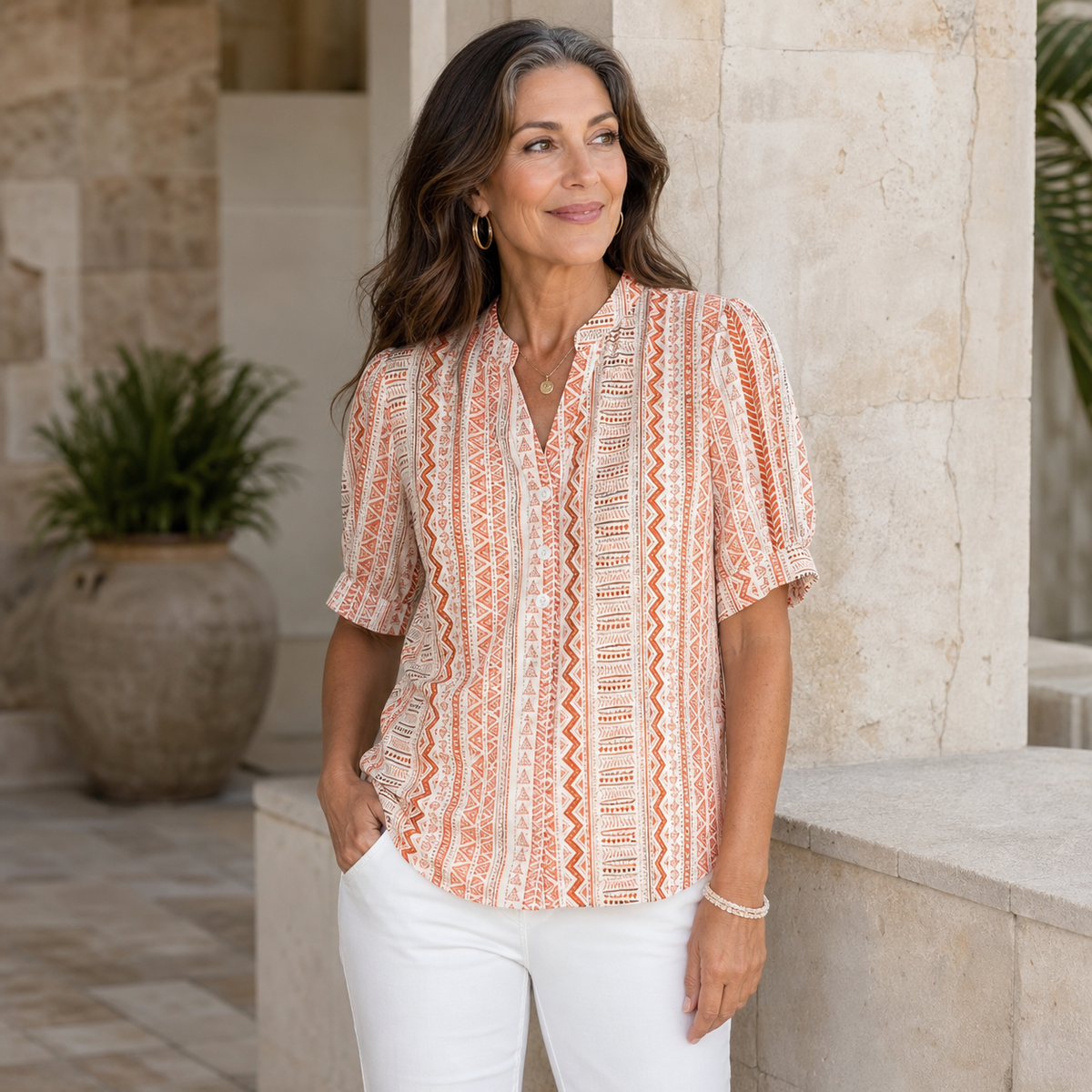 Women's Geometric Print Button-Front Blouse