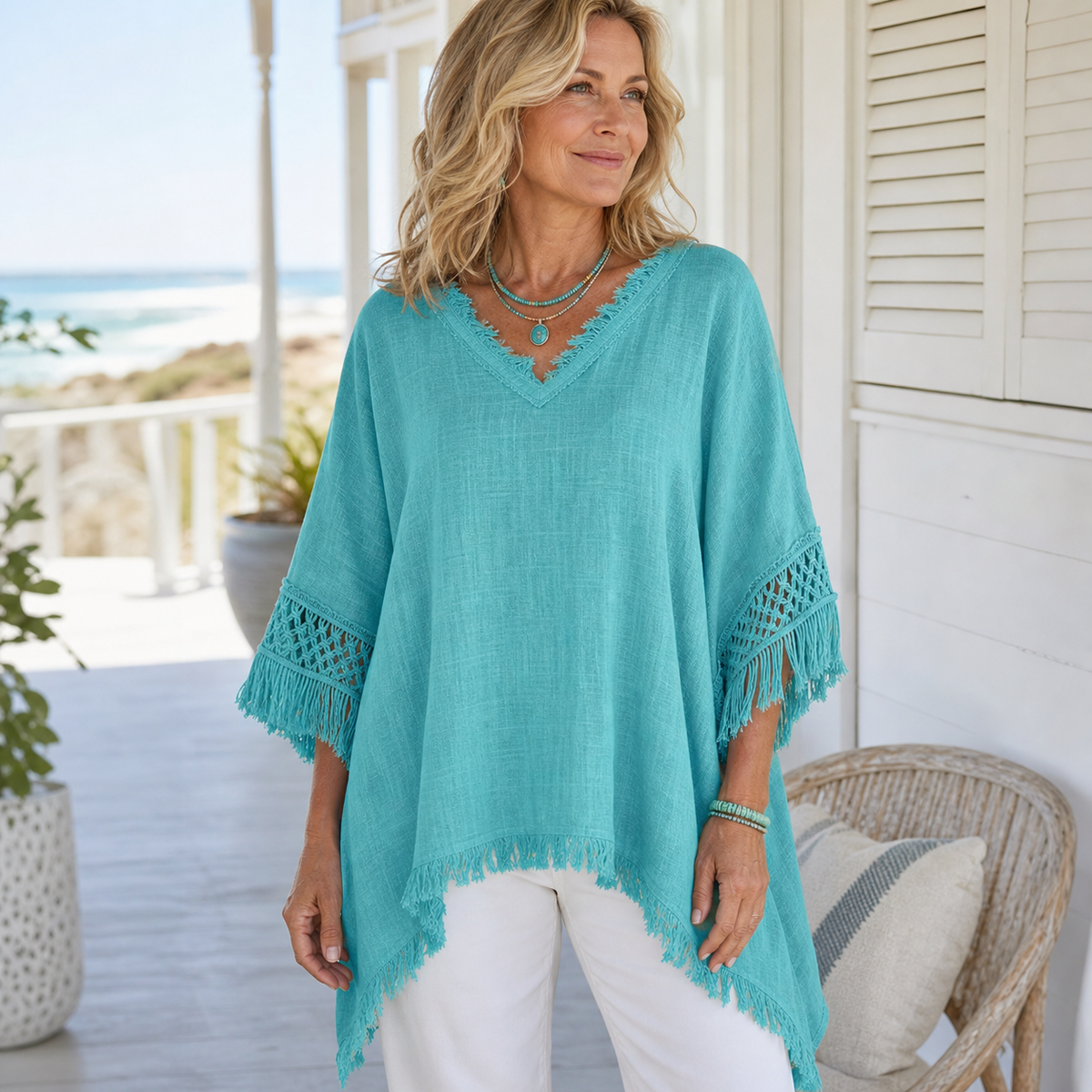 Women's Fringed Lace Sleeve V-Neck Tunic Top