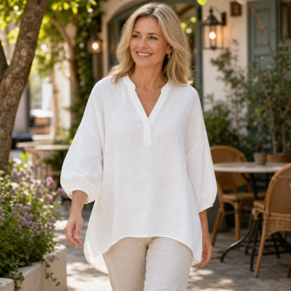 Women's Relaxed Linen-Blend V-Neck Tunic Blouse