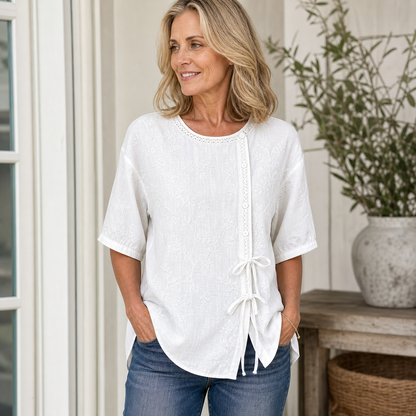 Women's Embroidered Tie-Front Short Sleeve Blouse