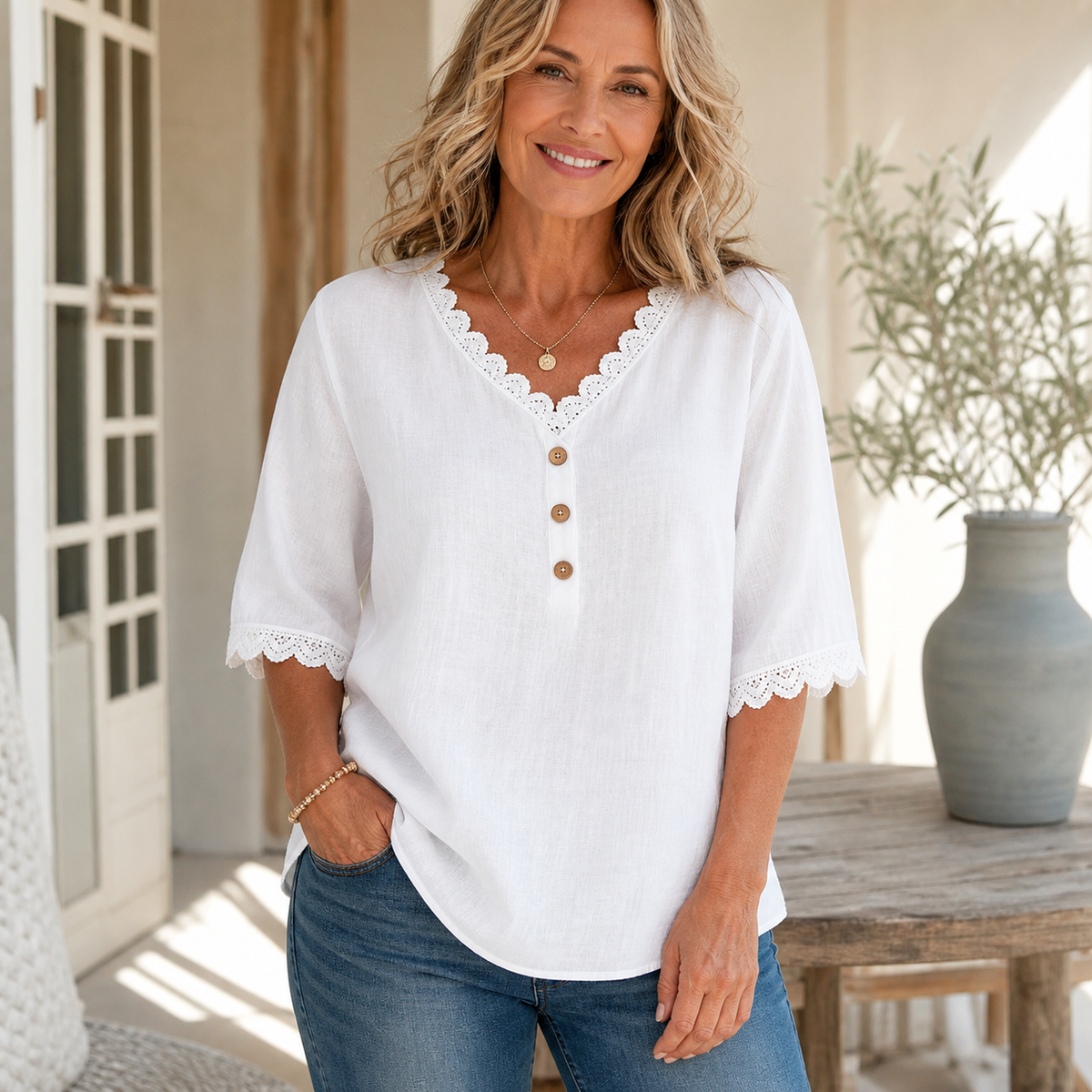 Women's Lace Trim V-Neck Button Short Sleeve Blouse