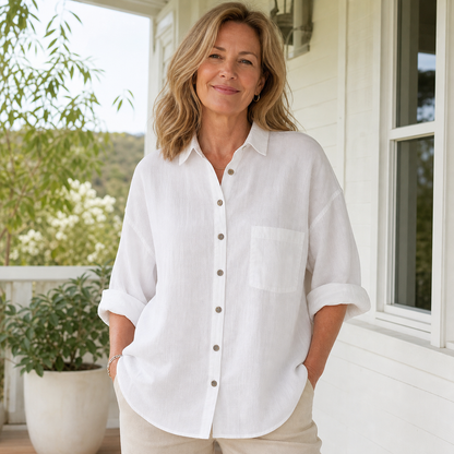 Women's Relaxed Button-Front Three-Quarter Sleeve Shirt Blouse