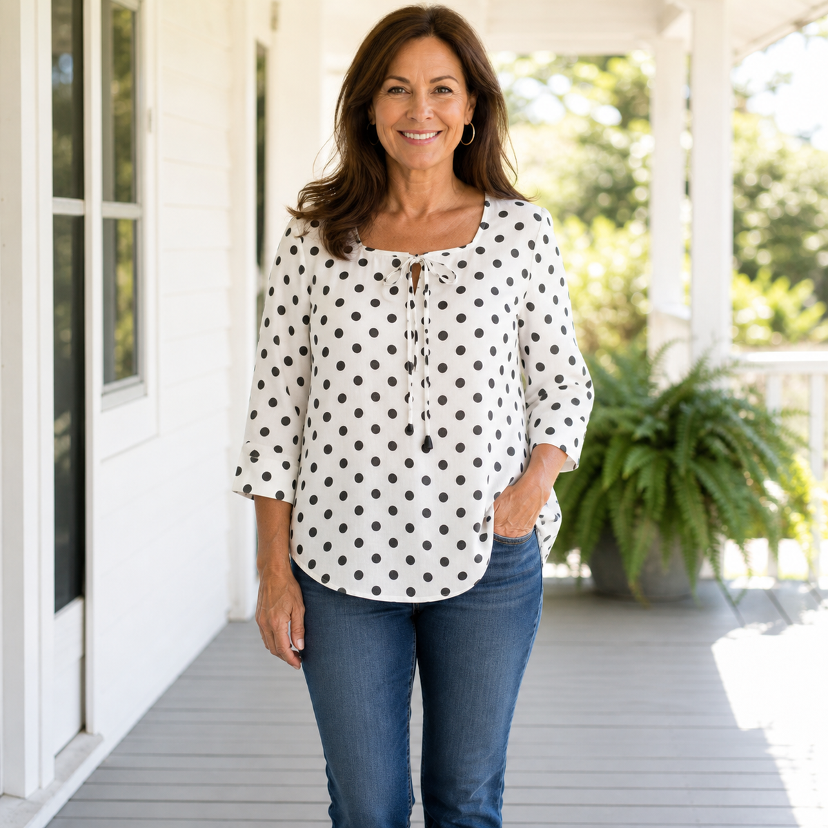 Women's Polka Dot Tie-Front Blouse