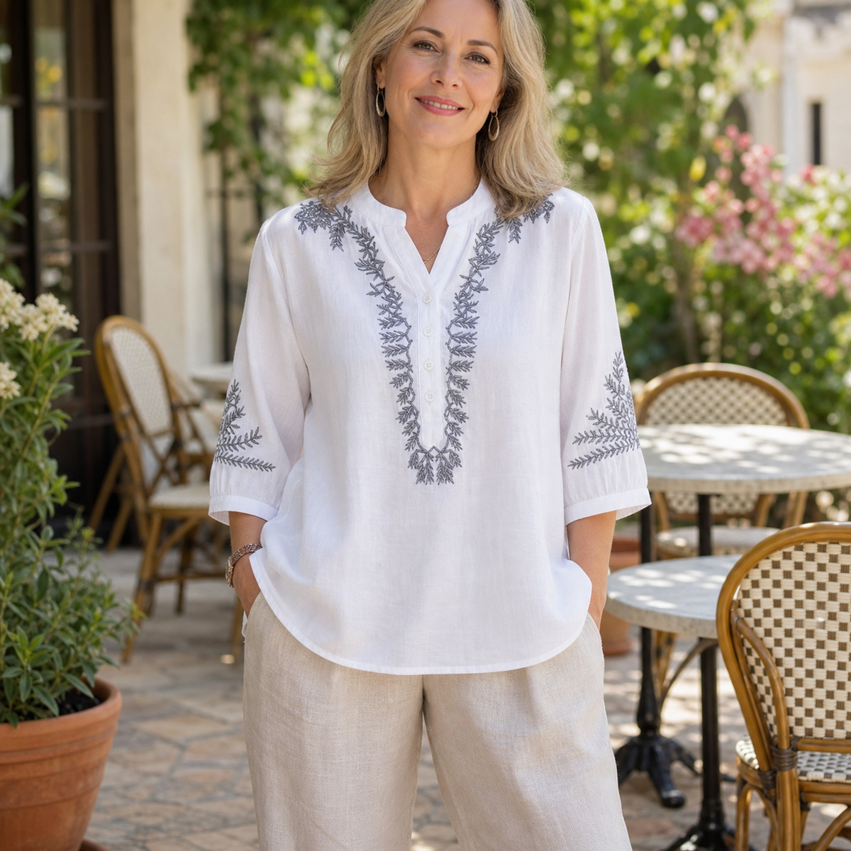 Women's Embroidered Linen-Look V-Neck Blouse
