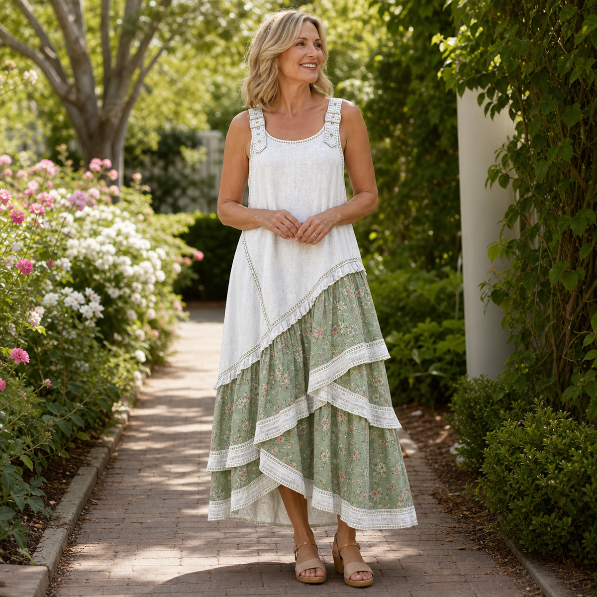 Women's Sleeveless Boho Patchwork Midi Dress