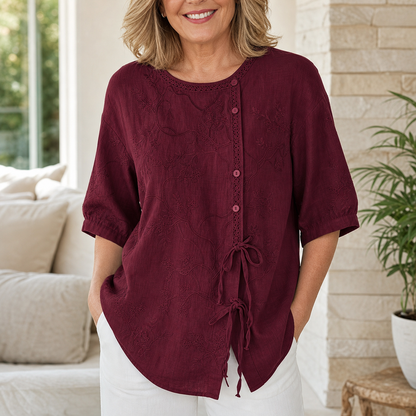 Women's Embroidered Tie-Front Short Sleeve Blouse