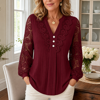 Women's Pleated Lace V-Neck Long Sleeve Blouse