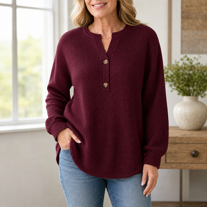 Women's Waffle Knit Long Sleeve Henley Top