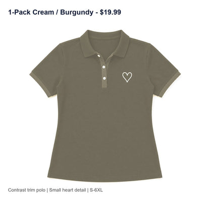 CLEARANCE SALE - Women's Contrast Trim Heart Polo Shirt - 14 Colors & Bundle Deals