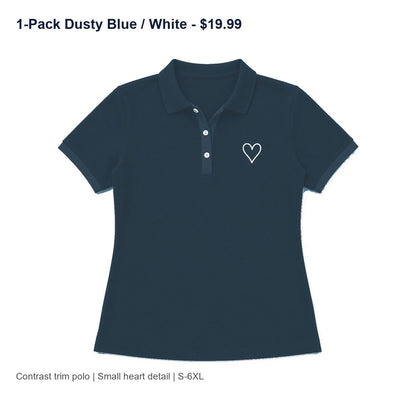 CLEARANCE SALE - Women's Contrast Trim Heart Polo Shirt - 14 Colors & Bundle Deals