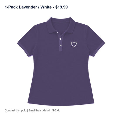 CLEARANCE SALE - Women's Contrast Trim Heart Polo Shirt - 14 Colors & Bundle Deals