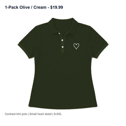 CLEARANCE SALE - Women's Contrast Trim Heart Polo Shirt - 14 Colors & Bundle Deals