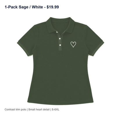 CLEARANCE SALE - Women's Contrast Trim Heart Polo Shirt - 14 Colors & Bundle Deals