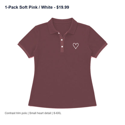 CLEARANCE SALE - Women's Contrast Trim Heart Polo Shirt - 14 Colors & Bundle Deals